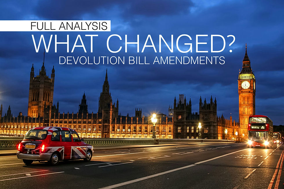 London skyline with Big Ben and the Houses of Parliament at dusk. A red bus and a Union Jack taxi on the road. Text: "Full Analysis: What Changed? Devolution Bill Amendments."