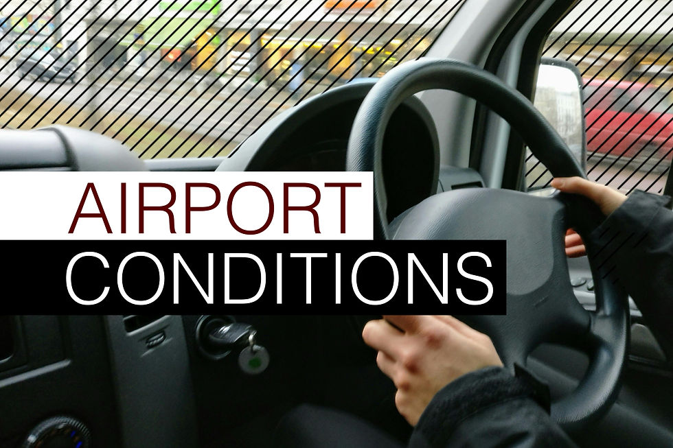 Hands on a steering wheel inside a vehicle. Text overlay reads "AIRPORT CONDITIONS". Blurred background suggests movement.