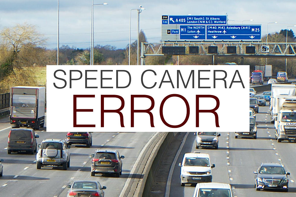 Highway traffic under a blue sky, road signs above. Large text reads "SPEED CAMERA ERROR" in bold on the left side.