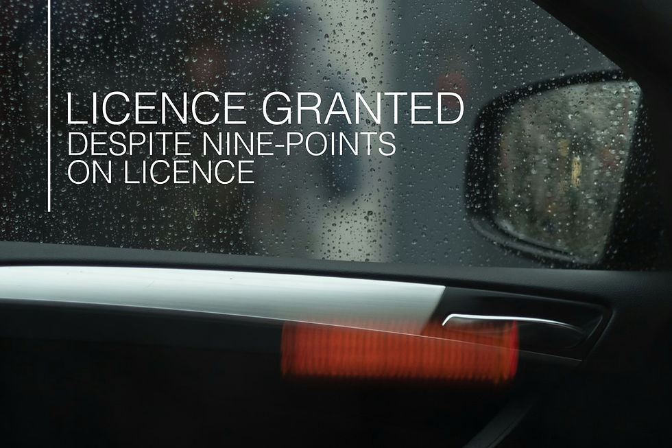 Rainy car window with droplets; text reads "LICENCE GRANTED DESPITE NINE-POINTS ON LICENCE." Mood: serious. Car interior visible.