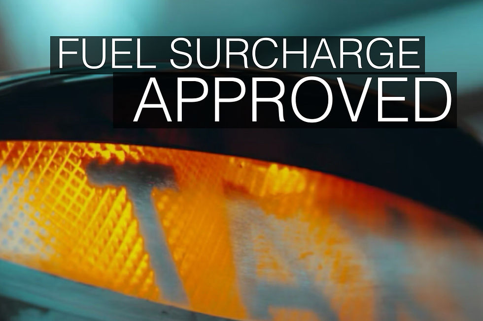 Text "Fuel Surcharge Approved" over an orange light with a textured pattern. Background is blurred with blue tones.