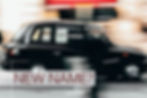 A black taxi speeds past blurred buildings. Bold red text below reads "NEW NAME?" suggesting a change or rebranding theme.