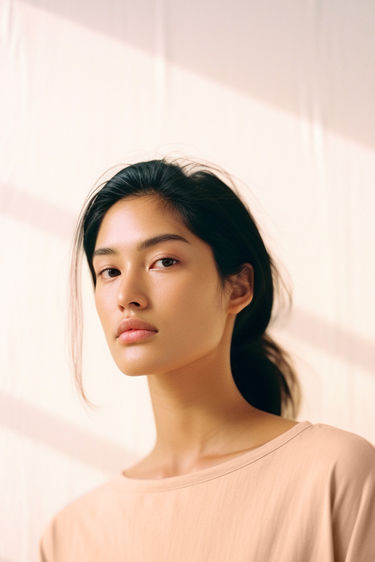 Young woman looking at the camera, wearing a light-colored top, indoors