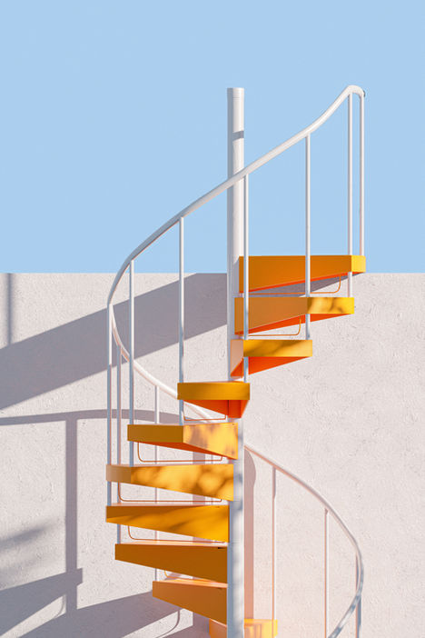 Orange and white spiral staircase with shadows