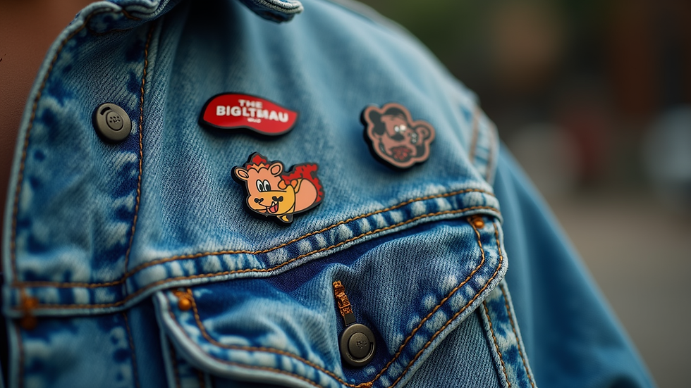 Close-up of enamel pins on denim jacket with pop culture themes