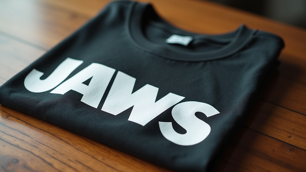 Close-up view of a folded fomax jaws t-shirt on a wooden table