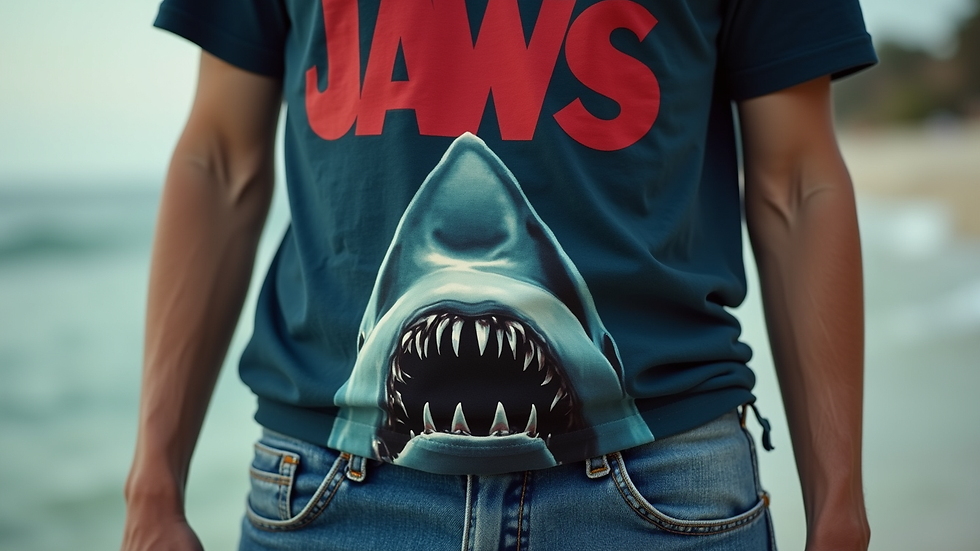Close-up view of a person wearing an iconic Jaws movie shirt with denim jeans
