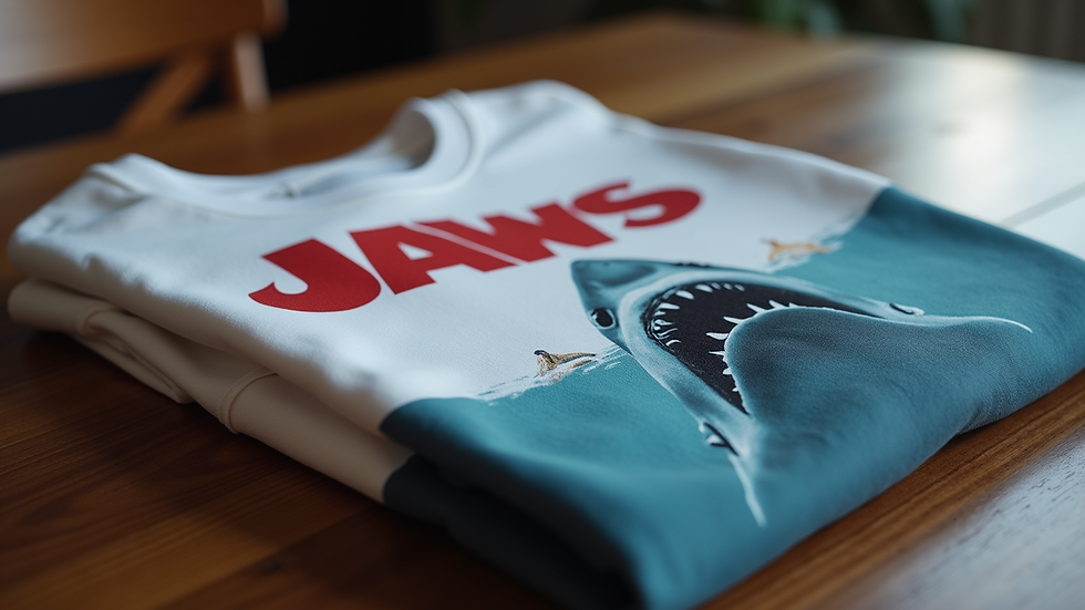 Close-up of a folded Jaws-themed t-shirt on a wooden table