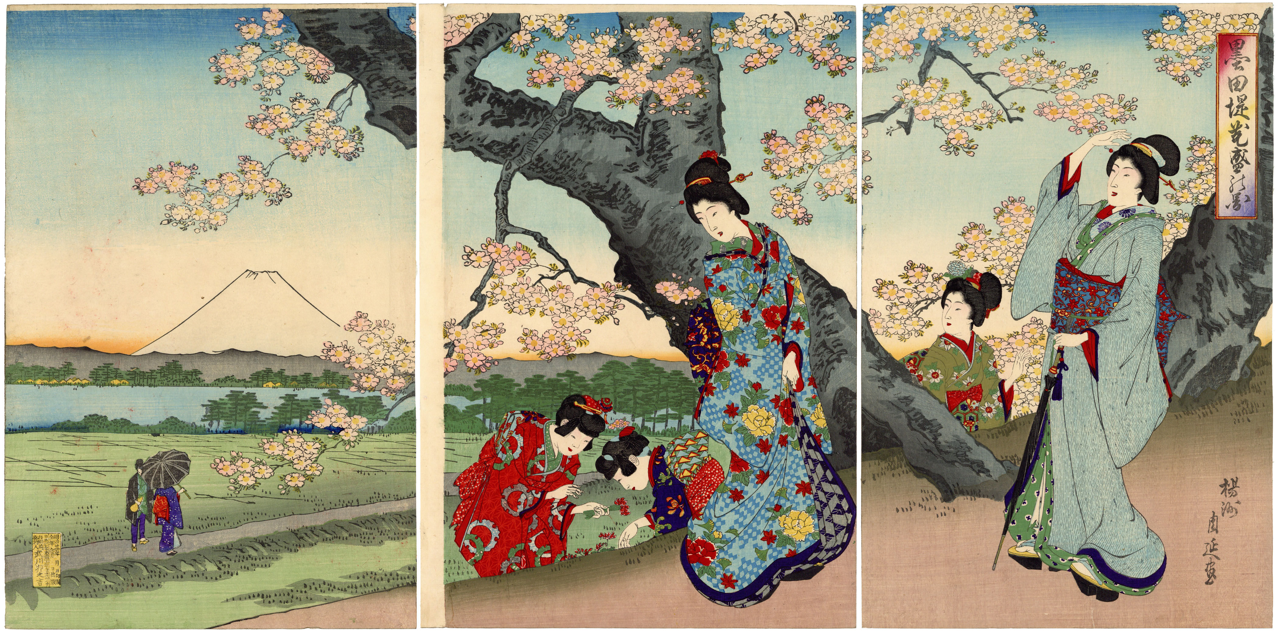【真作】明治美人画　花見図　楊洲周延 「隅田堤花盛之図」 | ニホンラックス