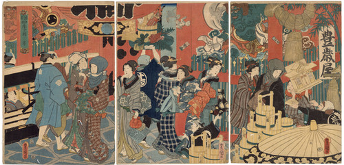 浮世絵、四季之内春御庭乃遊覧三枚綴り、歌川豊国(三代豊国）画 浮世絵、四季之内春御庭乃遊覧三枚綴り、歌川豊国(三代豊国）画