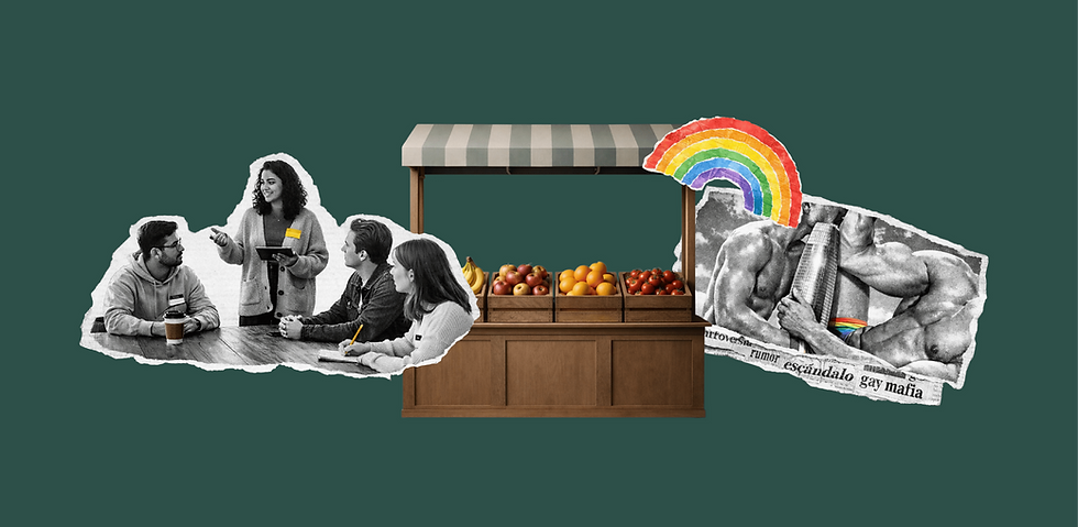 Collage conceptual que muestra a un grupo de personas en una reunión de trabajo, un puesto de mercado al centro y una ilustración con bandera arcoíris, representando redes, comunidad y dinámicas de poder en el ecosistema emprendedor.