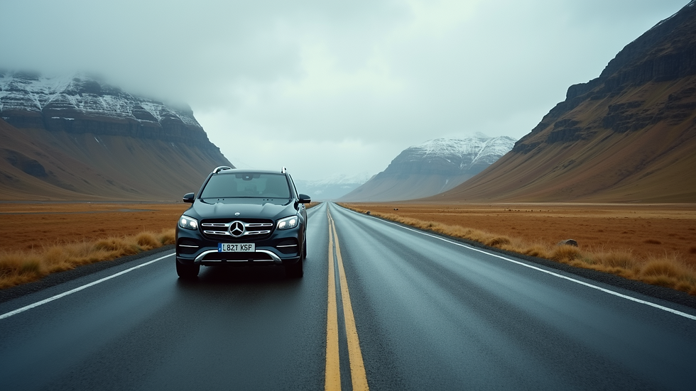 Eye-level view of a rental car parked near a scenic Icelandic mountain road