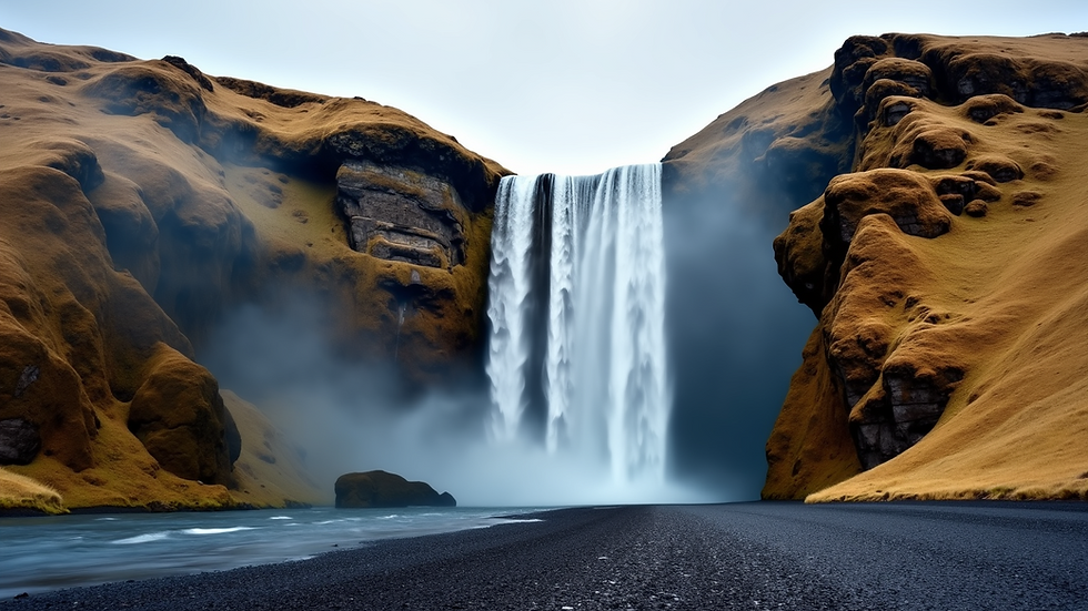 Wide angle view of Icelandic waterfall with rocky cliffs