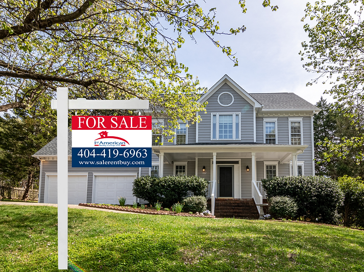 A prominent 1st American Realty Group For Sale sign for selling houses is displayed in the front yard of a beautiful Metro Atlanta home