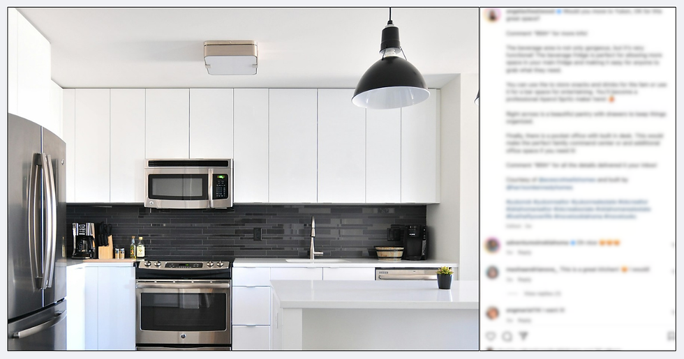 A split screen showing a modern apartment kitchen and an active social media community group discussing Atlanta rentals