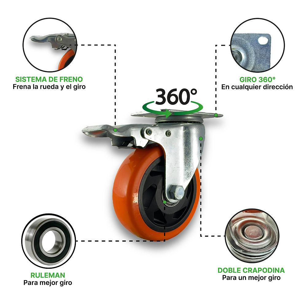 Miniatura: Rueda Giratoria con Freno Poliuretano Naranja 100mm
