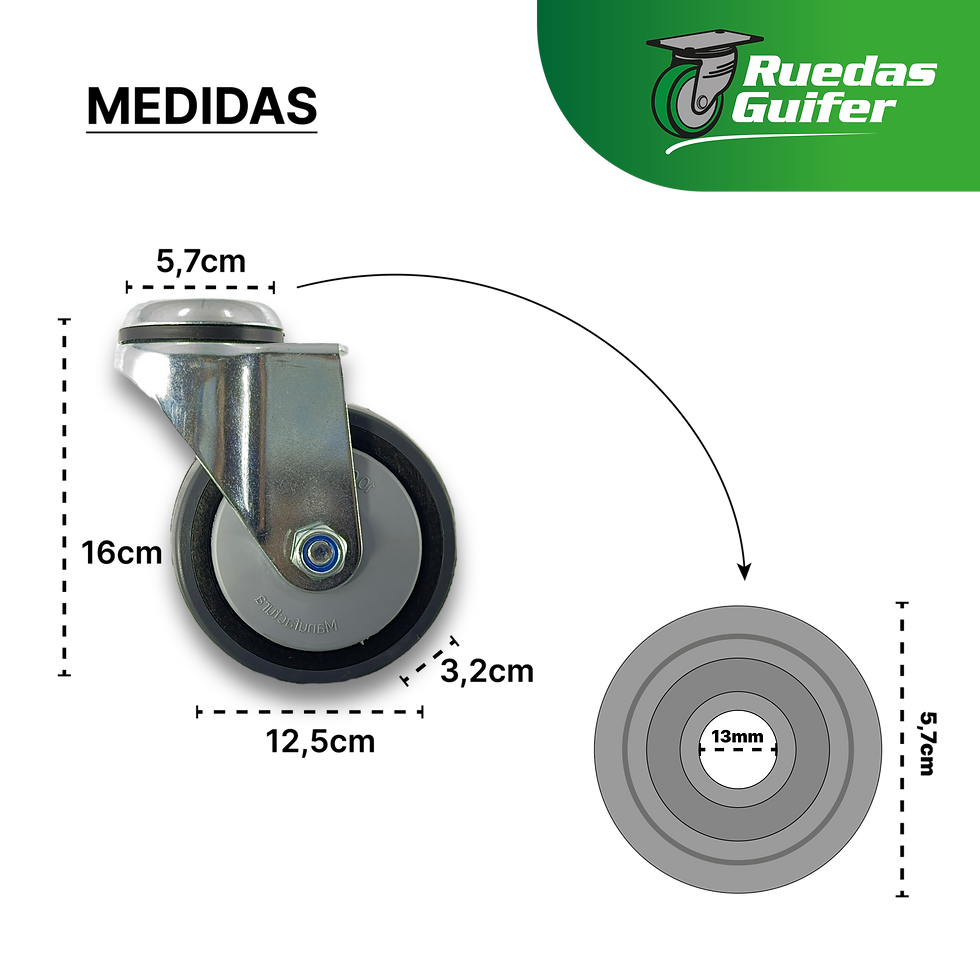 Miniatura: Rueda Giratoria PVC 125mm Agujero Pasante Ruleman