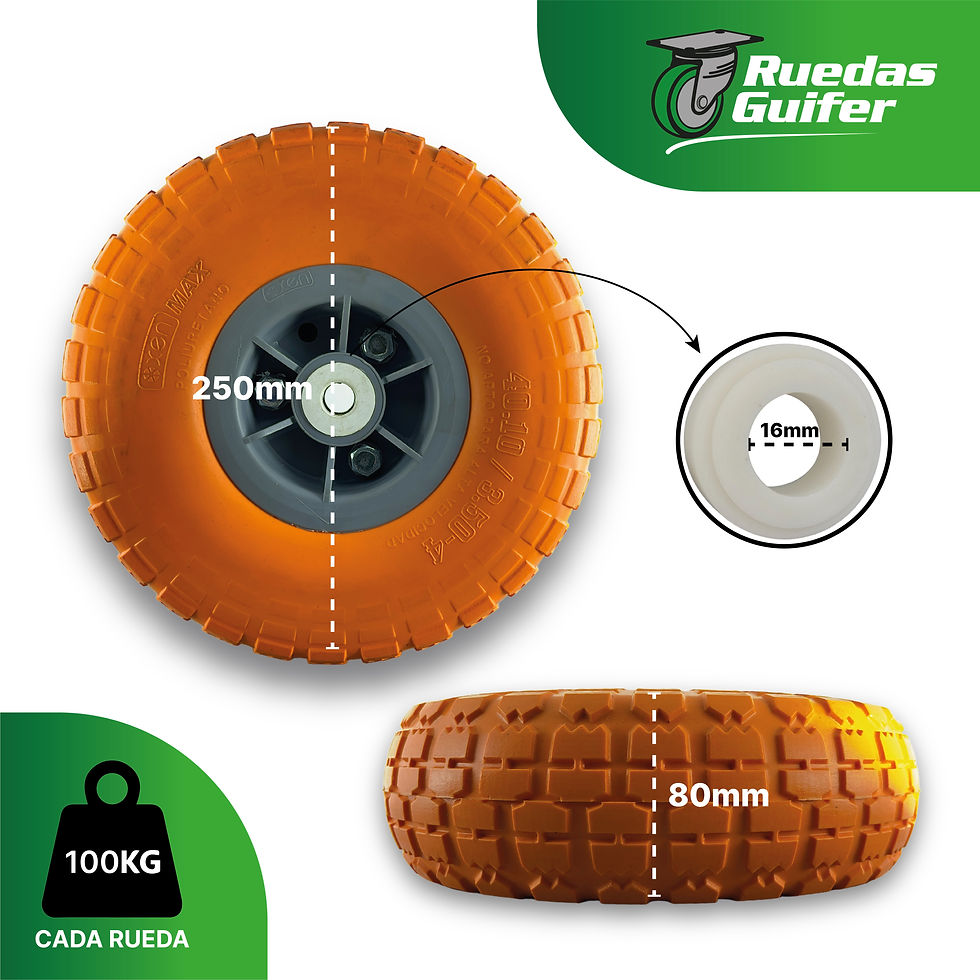 Miniatura: Rueda Semi Neumática Para Carros Carretas 250mm Eje Desplazado (Naranja)