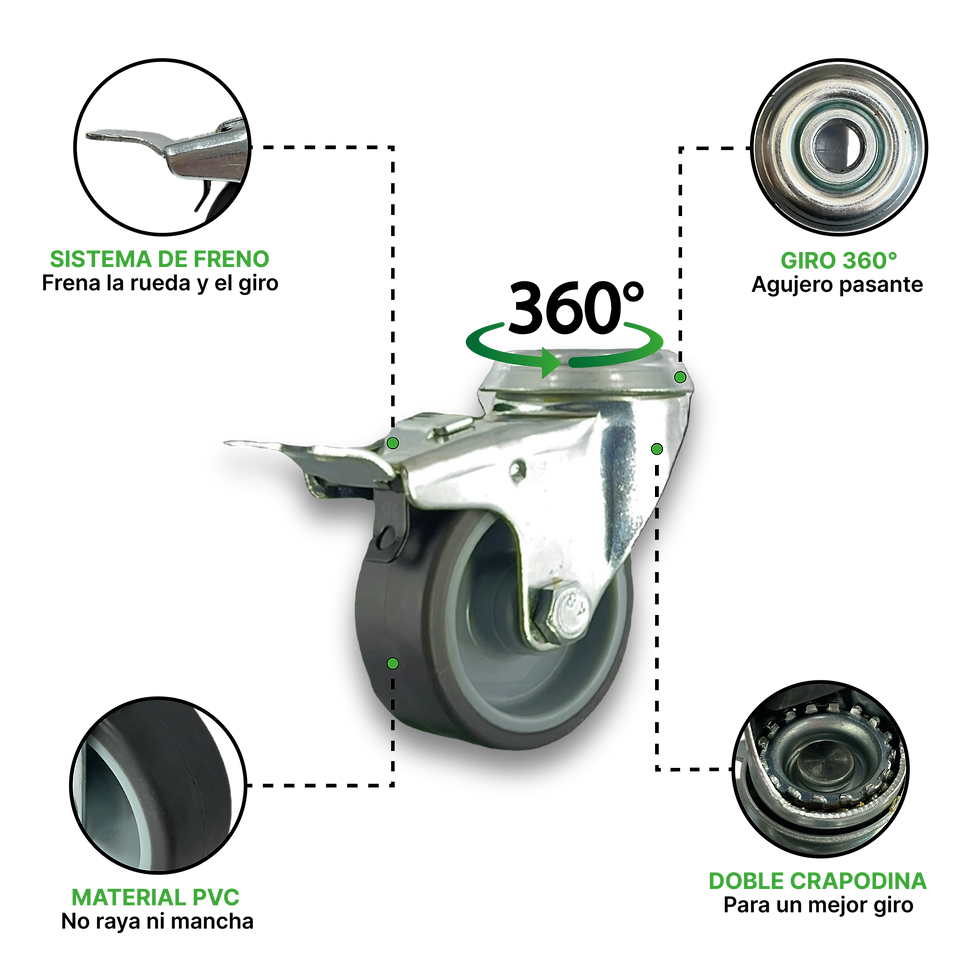 Miniatura: Rueda Giratoria con Freno PVC 50mm Agujero Pasante