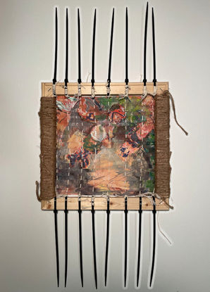 A woven painting with zip ties and hemp rope around the edges.