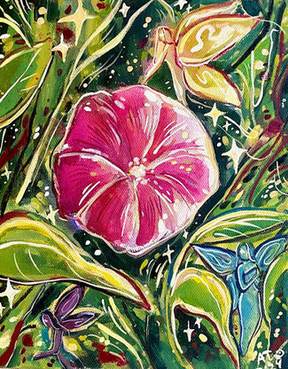A painting of a flower with fairies and whimsical colors