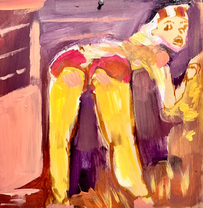 A painting of a woman in shorts looking back at the camera, with pink red and yellow hues.