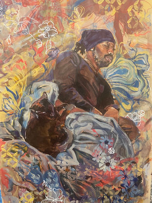 An abstract painting of a man laying with a cat