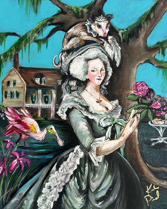 A painting of Marie Antoinette and an Opossum in a swamp scene