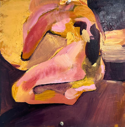 A painting of a woman in shorts looking back at the camera, with pink red and yellow hues.