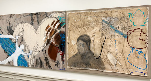 2 Large paintings of horses, rivers, people, and clay pots