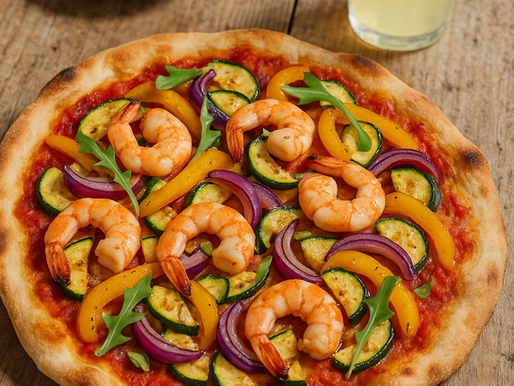 Prawn vegetable pizza, frozen yoghurt and lemon drink