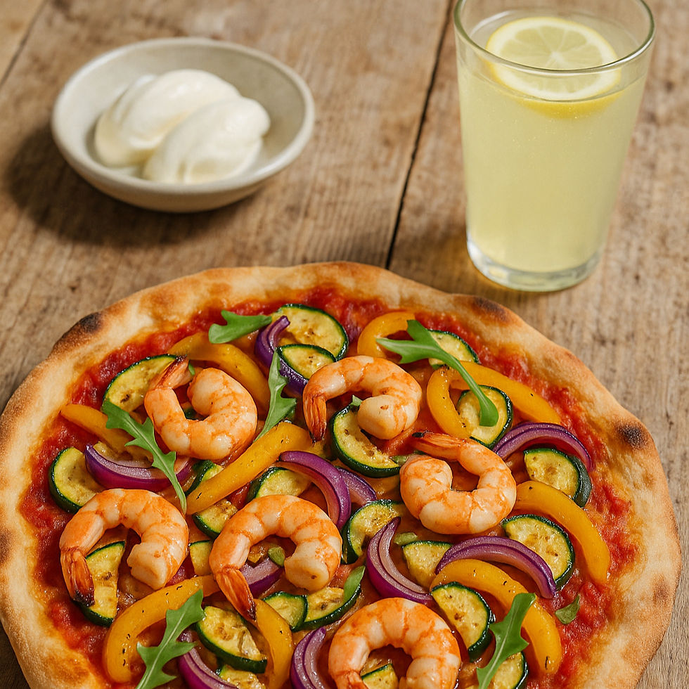 Vegetable prawn pizza, frozen yoghurt and lemon drink