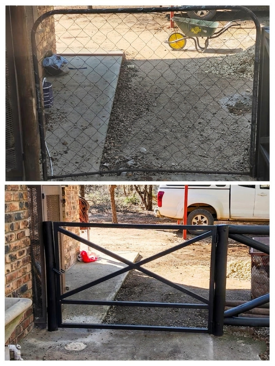 Before and after of a chain-link gate replaced by a black metal gate.