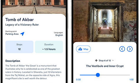 Screenshots of Akbar's Tomb Audio Guide on the Tourismo App
