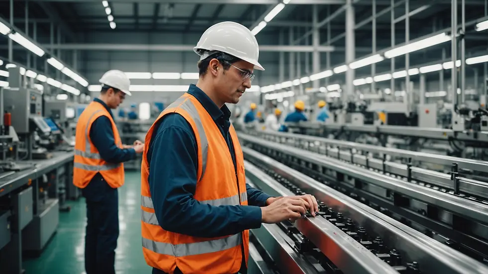 Eye-level view of a factory worker overseeing a production line