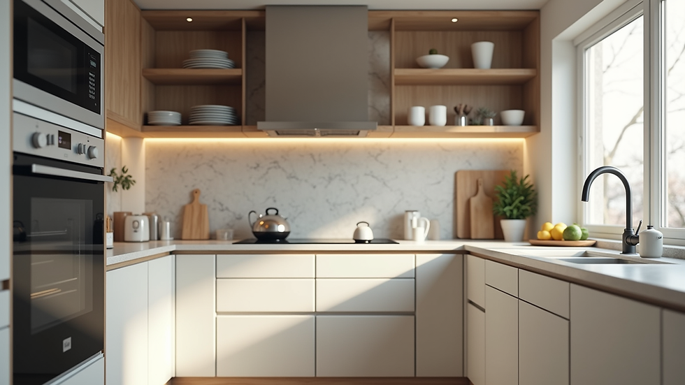 Eye-level view of a beautifully renovated kitchen with modern appliances