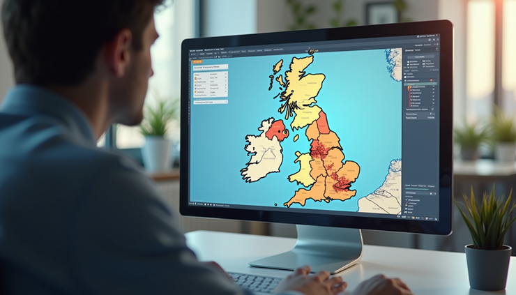 Eye-level view of a computer screen showing a UK map with council areas highlighted