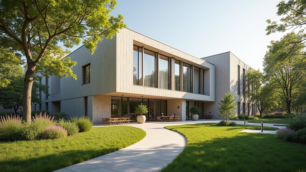 Eye-level view of a modern care home building with a garden