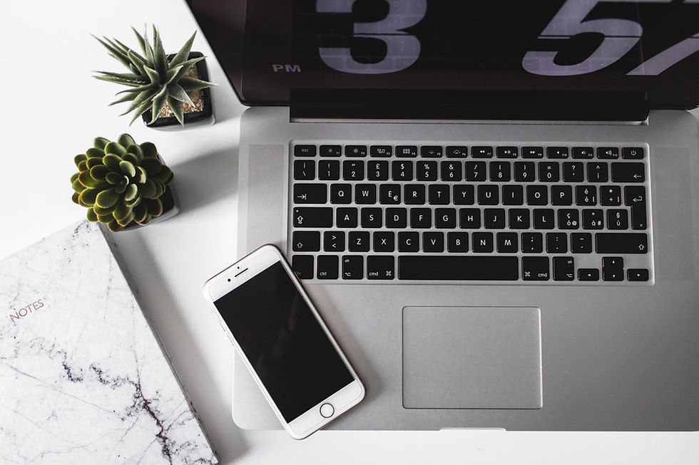 phone, laptop, notebook, and plants on desk