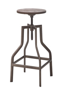 Banqueta alta estilo industrial com assento redondo de madeira com regulagem de altura por rosca. Estrutura metálica.
