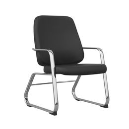 Poltrona fixa revestida em sintético preto com estrutura metálica cromada reforçada para 150 Kg.
