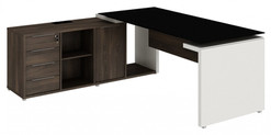 Mesa em L com Armário Pedestal e tampo de Vidro