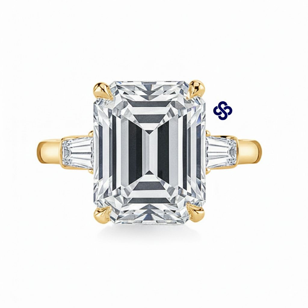 Ouro 18k - anel Grace de Moissanite central esmeralda - Three Stones