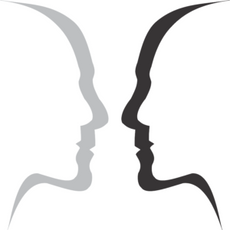 Outline of two profiles facing each other, one gray and one black but otherwise identical in mirror image.