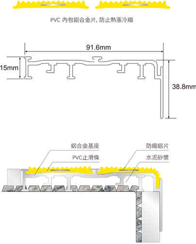 BASIC BA-05 鋁合金樓梯防滑條施工剖面圖,提供加寬型梯面安裝尺寸與修邊結構,為建築師與室內設計師提供專業的公共工程規劃參考。
