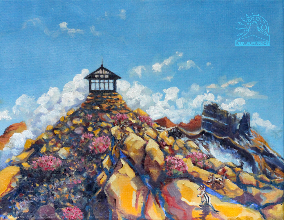 Glacier Park art. A brightly colored painting of Swiftcurrent Lookout, flowers, golden-manteled squirrels and grinnell glacier. By local artist Falina Sinopah Lintner