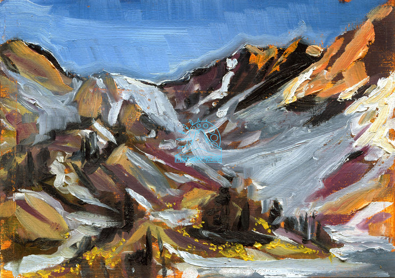 A plein air oil painting of mountains and snow bathed in alpenglow colors. Painted from life by Falina Sinopah Lintner.