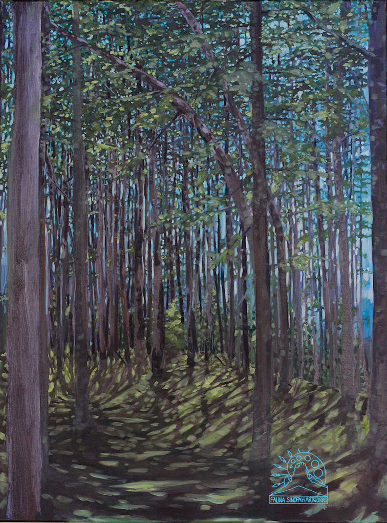 A painting in blues greens and dark purples of tree trunks and their cast shadows. 