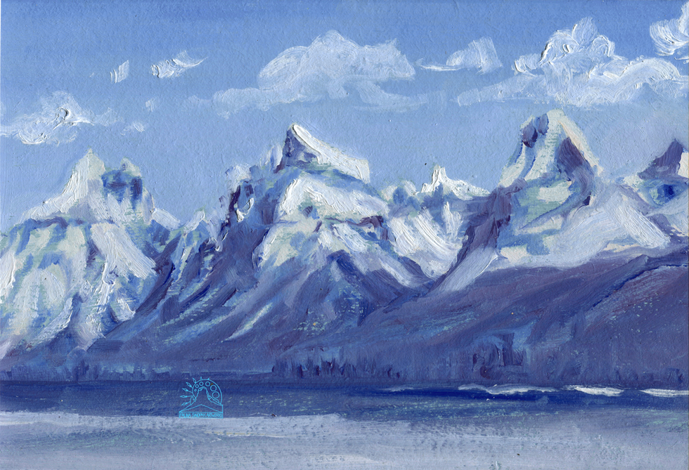 Glacier Park art. A plein air oil painting of blue and purple mountains covered in snow at Lake McDonald. Painted from life in Glacier National Park by Falina Sinopah Lintner.