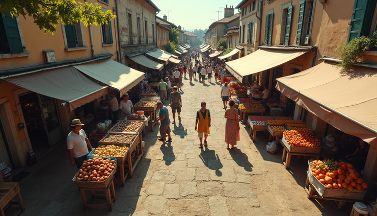 Vue aérienne d’un marché local dans le Lot avec des producteurs et consommateurs